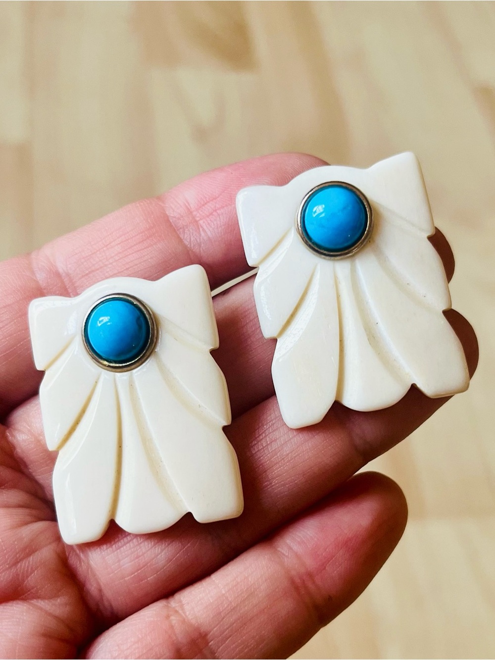 Vintage Carved Bovine Earrings Turquoise Cabochon Silver Tone Southwestern Style